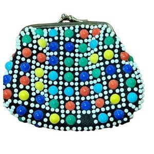 Vintage Beaded Coin Purse Mulit -Colored Kiss Lock Retro